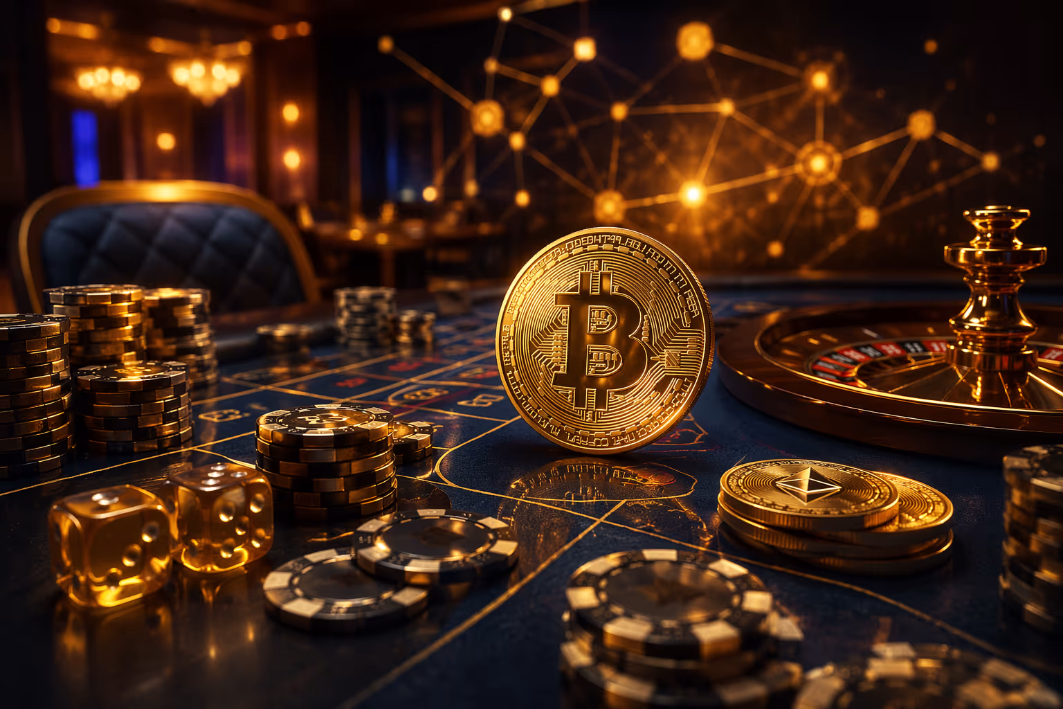 Futuristic blockchain casino with glowing crypto symbols and secure digital ledgers