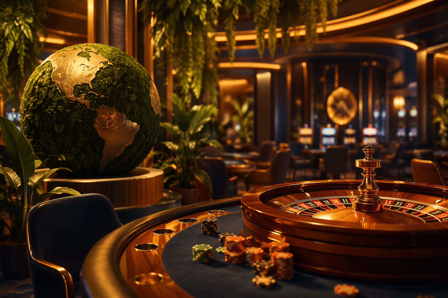 Vihreä, kestävä kasinoympäristö hehkuvine ekosymboleineen ja luontoelementteineen